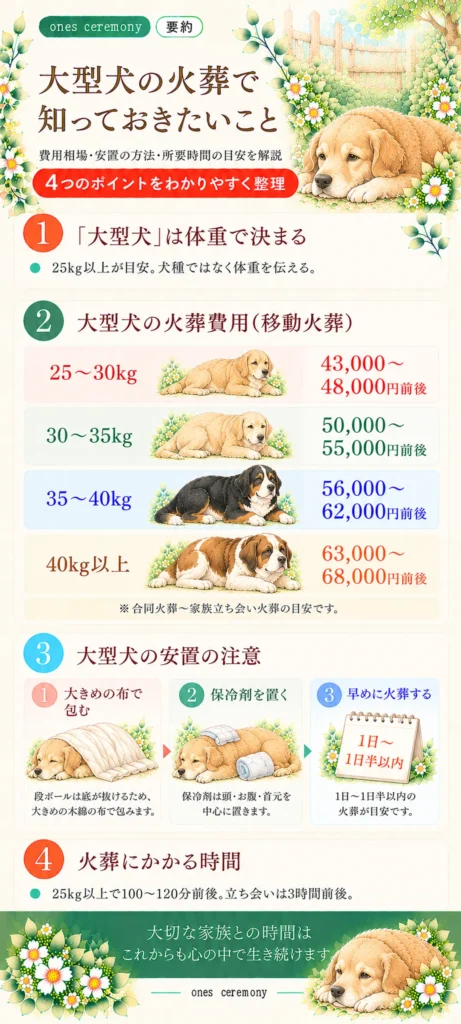 大型犬の火葬について、体重の目安、移動火葬の費用相場、安置方法、火葬にかかる時間をまとめた図解