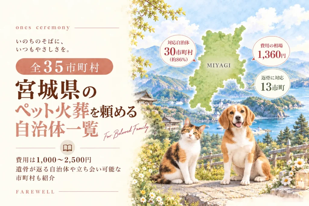 宮城県のペット火葬に対応する30市町村、費用相場1,360円、返骨対応13市町を紹介。大きな宮城県の地図と3つの吹き出しを配置し、松島を思わせる青い海と島々を背景に、三毛猫と垂れ耳の茶白の犬が正面を向いて座っている。