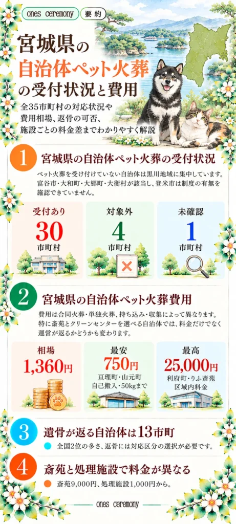 宮城県の自治体ペット火葬をまとめた図解。受付30市町村、対象外4市町村、未確認1市町村。費用相場1,360円、最安750円、最高25,000円、返骨に対応する13市町、施設による料金差を紹介。