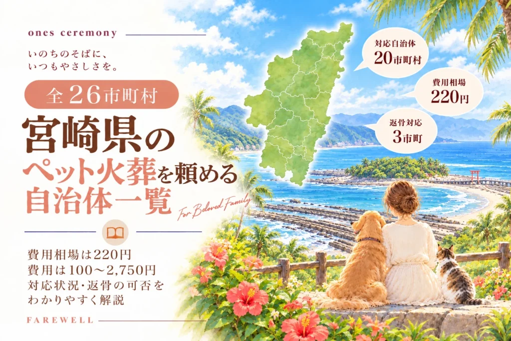 宮崎県のペット火葬が頼める自治体一覧。青島の鬼の洗濯板や朱色の鳥居、フェニックスの木と日南海岸を背景に、女性と茶色の犬、三毛猫が寄り添う。宮崎県の地図と対応20市町村、費用相場220円、返骨対応3市町を掲載。