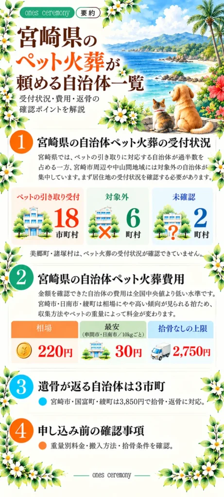 宮崎県の自治体ペット火葬の受付状況と費用をまとめた図解。受付18市町村、対象外6町村、未確認2町村。費用相場220円、最安30円、拾骨なしの上限2,750円、返骨できる3市町を紹介。