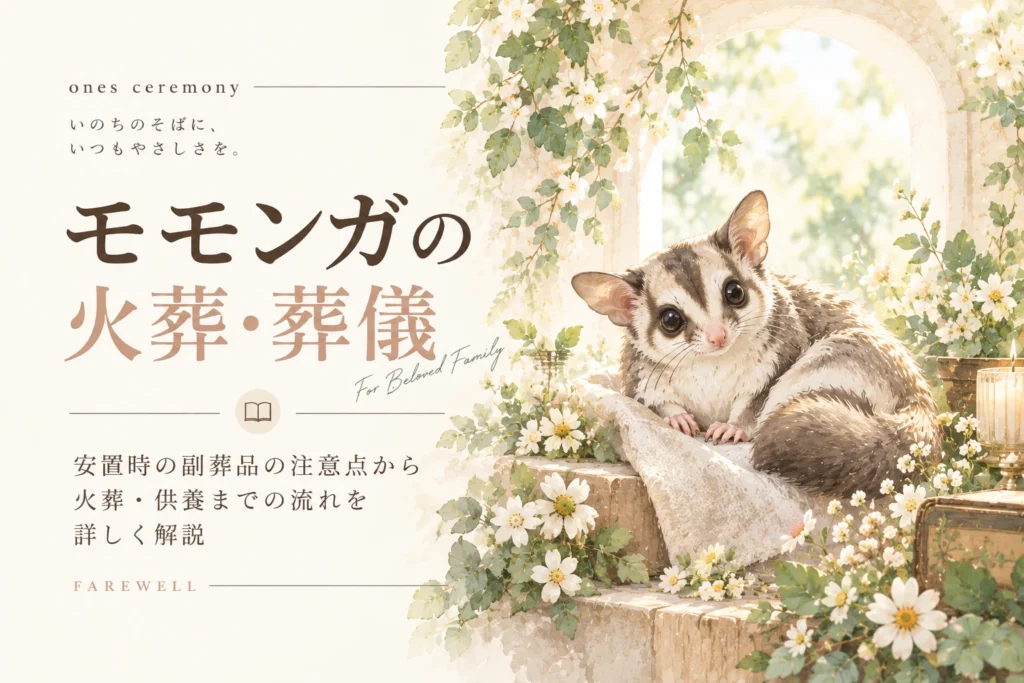 モモンガ 火葬について伝える、白い花とやわらかな自然光に包まれたモモンガと、安置時の副葬品の注意点や供養までの流れをまとめたアイキャッチ