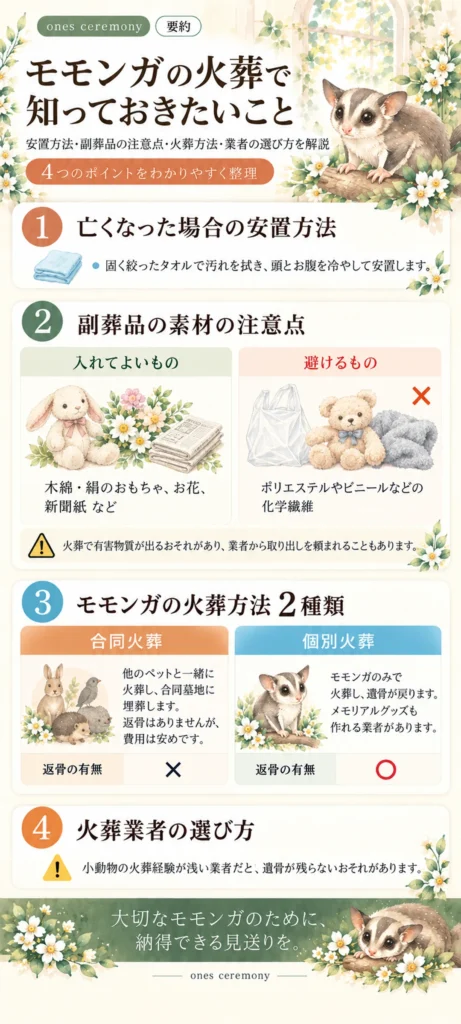 モモンガの火葬で知っておきたい安置方法、副葬品の素材の注意点、火葬方法2種類、火葬業者の選び方をまとめた図解
