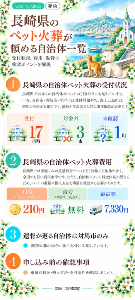 長崎県の自治体ペット火葬をまとめた図解。受付17市町、対象外3市、未確認1町。費用相場210円、無料の自治体例、掲載費用の上限7,330円、対馬市の返骨対応と申し込み前の確認事項を紹介。