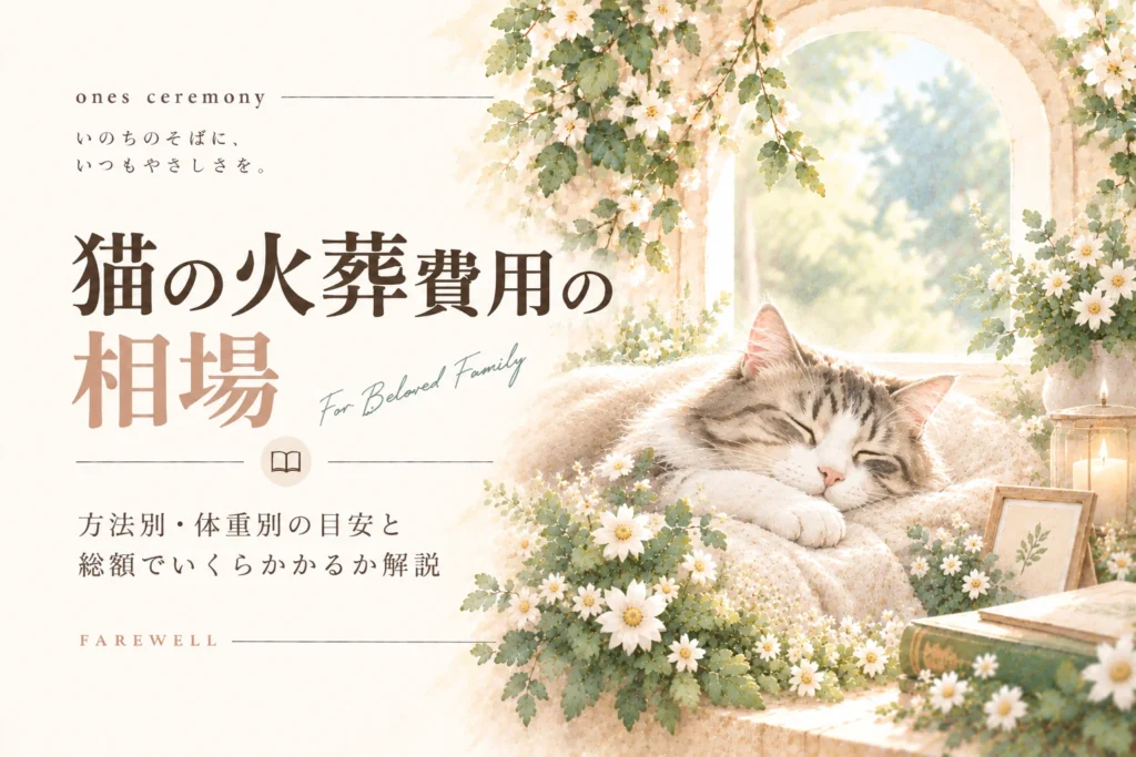 猫 火葬 費用相場について伝える、白い花と自然光に包まれて眠る猫と、方法別・体重別の費用目安や総額をまとめたアイキャッチ