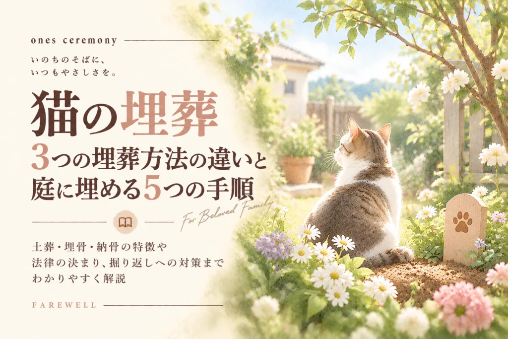 猫の埋葬方法を紹介する記事のアイキャッチ。花の咲く庭で穏やかに座る猫と、猫の肉球を刻んだ小さな墓標を描き、土葬や埋骨をやさしく表現
