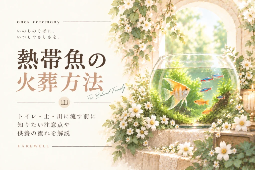 熱帯魚 火葬について伝える、白い花と柔らかな自然光に囲まれた熱帯魚の水槽と、トイレ・土・川に流す際の注意点や供養の流れをまとめたアイキャッチ