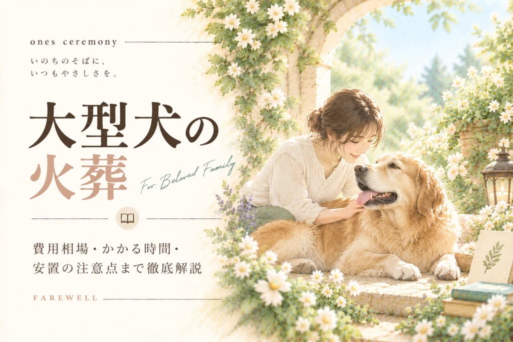 大型 犬 火葬について伝える、白い花と柔らかな自然光に囲まれた大型犬と女性を描き、費用相場や火葬時間、安置の注意点をまとめたアイキャッチ