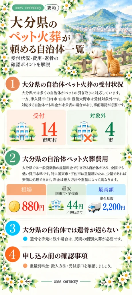 大分県の自治体ペット火葬をまとめた図解。受付14市町村、対象外4市。火葬費用の相場880円、国東市・宇佐市の10kgまで44円、津久見市の最高額2,200円、返骨状況と申し込み前の確認事項を紹介。