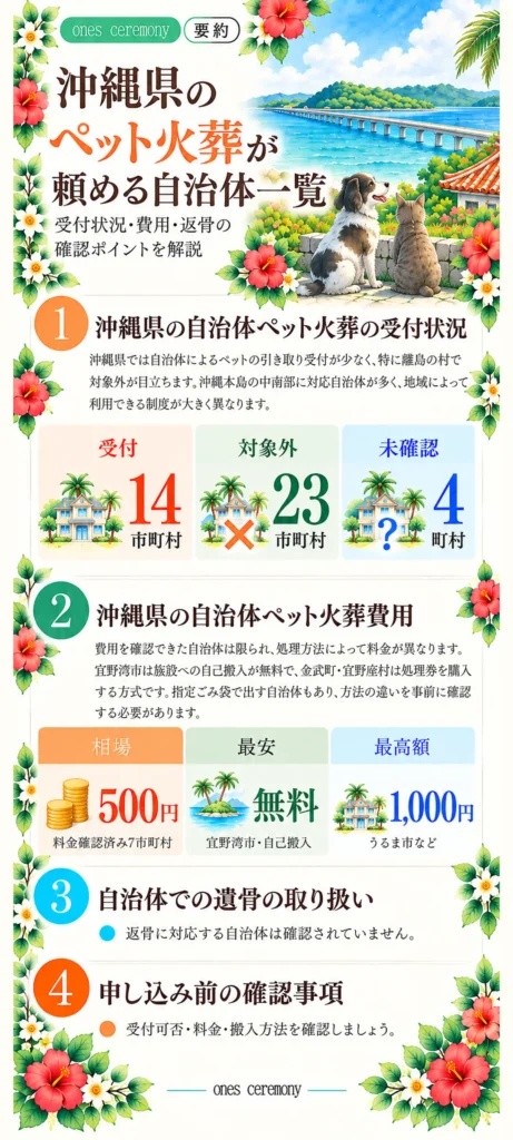沖縄県の自治体ペット火葬をまとめた図解。全41市町村のうち受付14、対象外23、未確認4。費用相場500円、宜野湾市の自己搬入無料、最高額1,000円、遺骨の返却状況と申し込み前の確認事項を紹介。