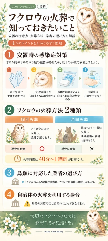 フクロウの火葬で知っておきたい安置時の感染症対策、火葬方法2種類、鳥類対応業者の選び方、自治体火葬の注意点をまとめた図解