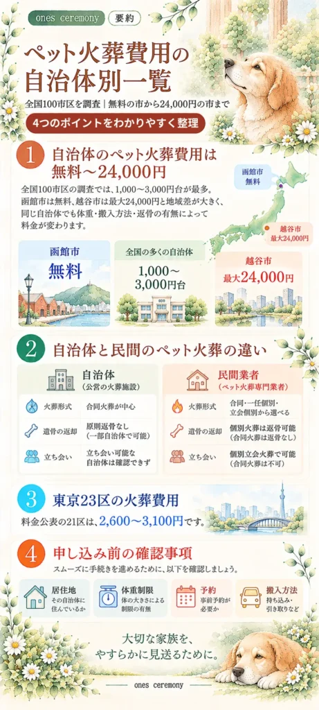 ペット火葬費用の自治体別一覧。全国100市区の費用差、自治体と民間の火葬形式・返骨・立ち会いの違いを比較した図解。