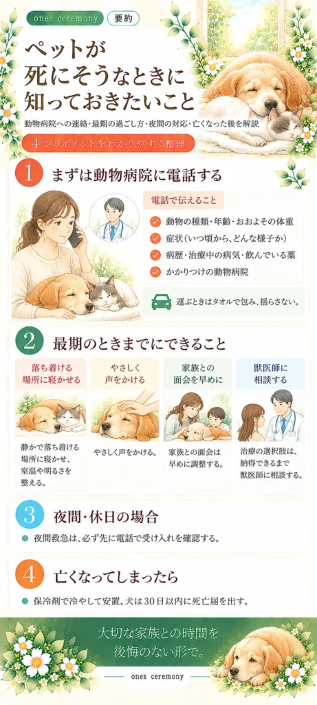 ペットが死にそうなときに知っておきたい、動物病院への連絡、最期の過ごし方、夜間・休日の対応、亡くなった後の対応をまとめた図解