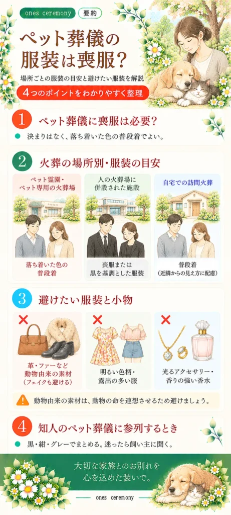 ペット葬儀の服装について、喪服の必要性、火葬場所別の服装の目安、避けたい服装や小物、知人のペット葬儀に参列するときのマナーをまとめた図解