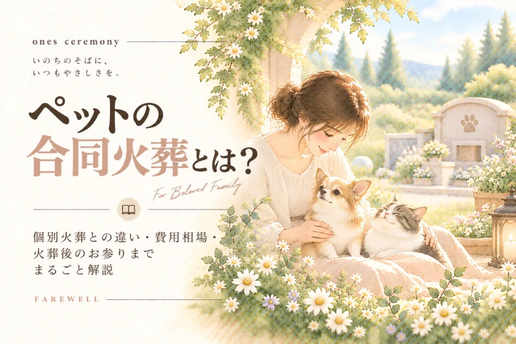 ペット 合同 火葬とはをテーマに、犬と猫に寄り添う女性と花々を描き、個別火葬との違いや費用相場、火葬後のお参りを伝えるアイキャッチ