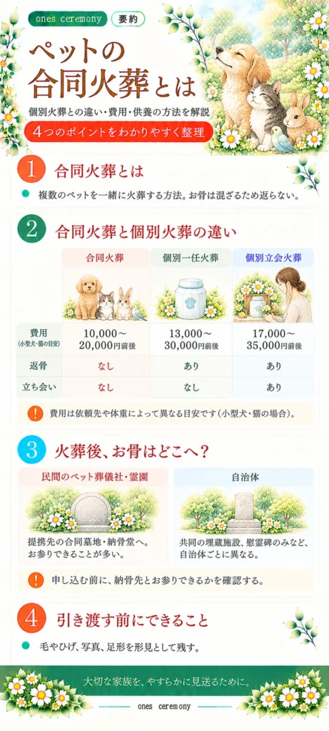 ペットの合同火葬とは何か、個別火葬との費用・返骨・立ち会いの違い、火葬後のお骨の納め先、引き渡す前に残せる形見についてまとめた図解