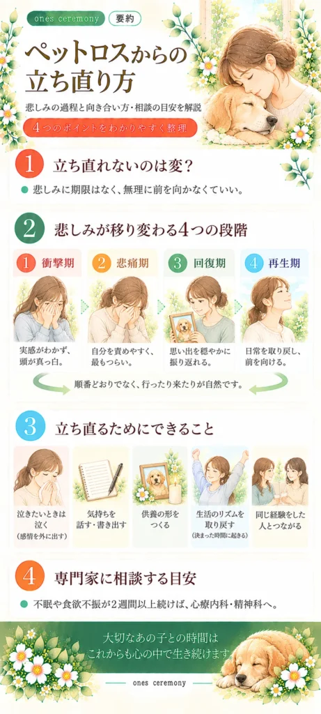 ペットロスからの立ち直り方として、悲しみの4段階、立ち直るためにできること、専門家に相談する目安をまとめた図解