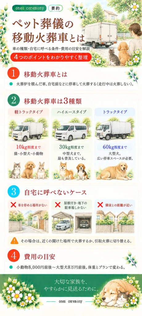 ペット葬儀の移動火葬車について、軽トラック・ハイエース・トラックの3種類と対応体重、自宅に呼べないケース、費用の目安をまとめた図解
