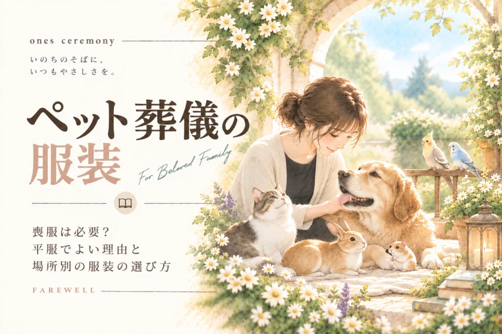 ペット 葬儀 服装について伝える、犬や猫、うさぎ、ハムスター、鳥と女性が寄り添い、喪服や平服の選び方を表したアイキャッチ