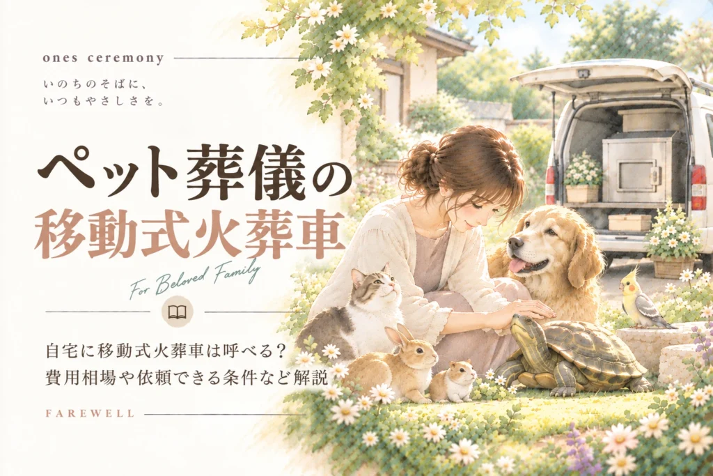 ペット 葬儀 車について伝える、犬や猫、うさぎ、鳥、亀と女性のそばに移動式火葬車を描き、費用相場や依頼条件をまとめたアイキャッチ