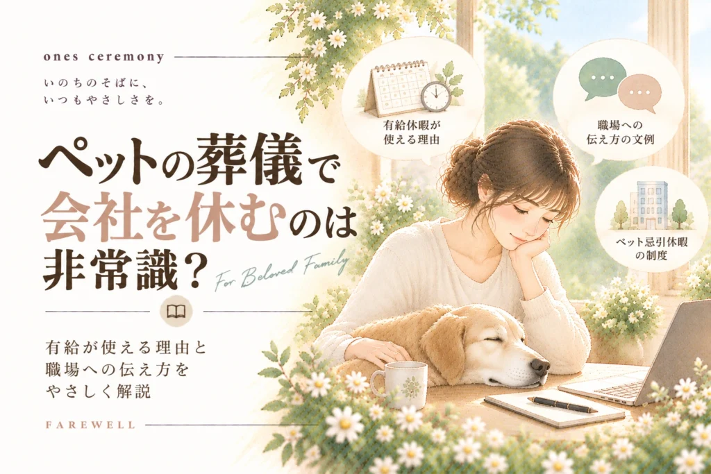 ペット 葬儀 会社 休むをテーマに、犬に寄り添う女性と仕事道具を描き、有給休暇や職場への伝え方、ペット忌引制度をまとめたアイキャッチ