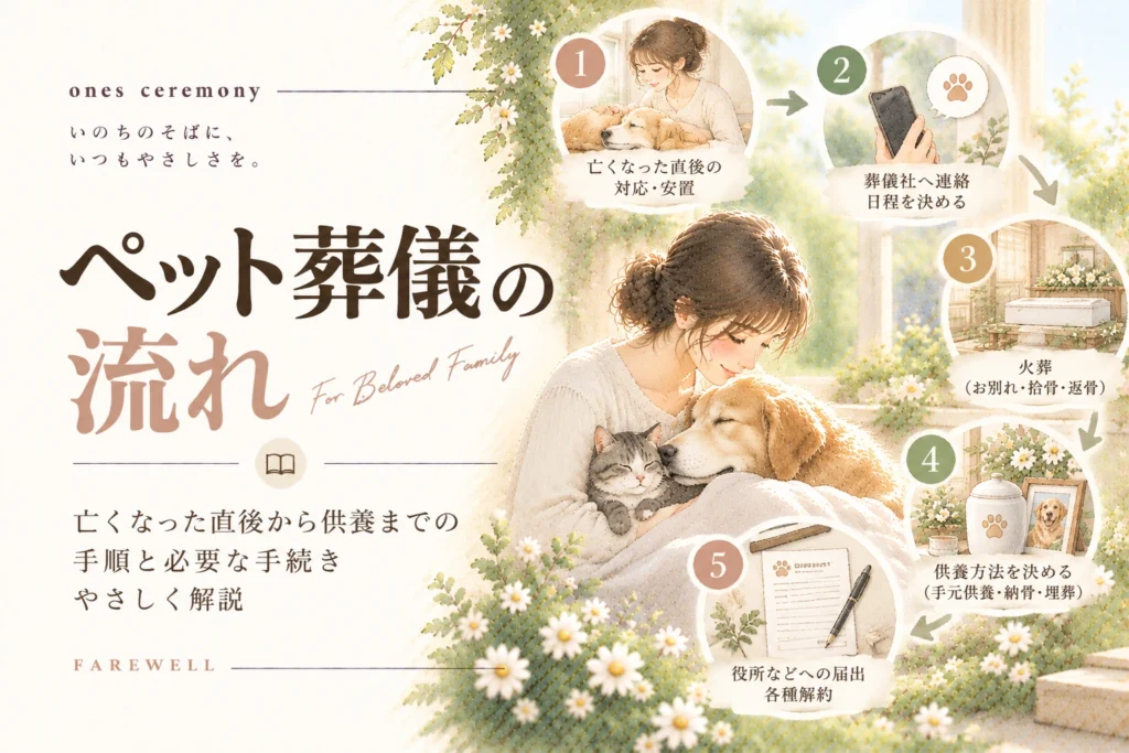 ペット 葬儀 流れをテーマに、犬と猫に寄り添う女性と、安置・葬儀社への連絡・火葬・供養・手続きを5段階で表したアイキャッチ