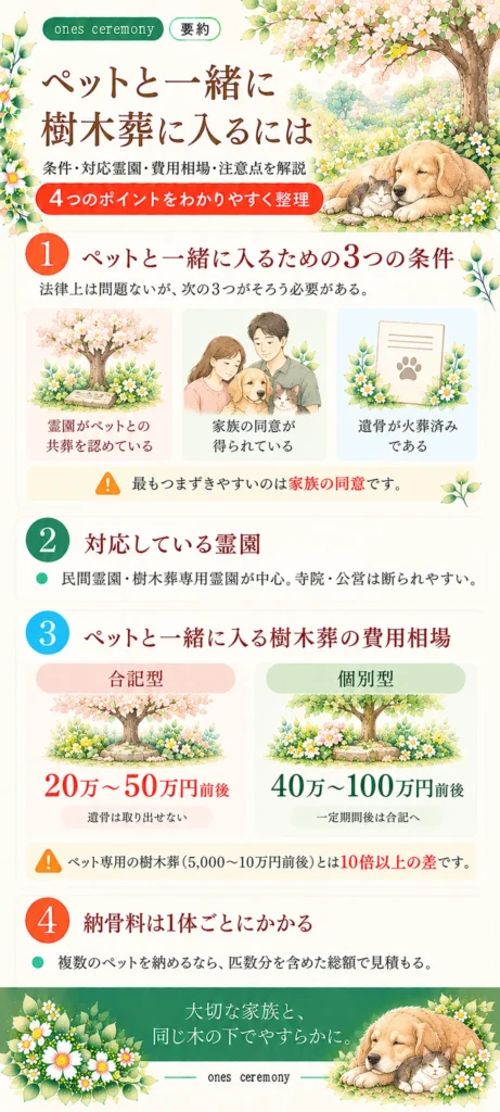 ペットと一緒に入る樹木葬について、共葬の3つの条件、対応している霊園、合祀型・個別型の費用相場、ペットごとの納骨料をまとめた図解