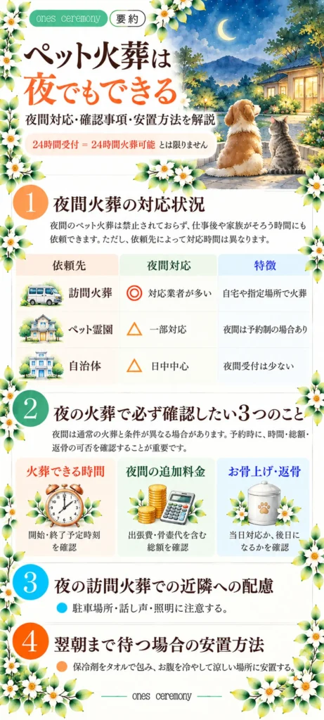 ペット火葬は夜でもできることを解説した図解。訪問火葬・ペット霊園・自治体の夜間対応を比較し、24時間電話受付と夜間火葬の違い、追加料金、返骨、近隣への配慮、翌朝までの安置方法を紹介。