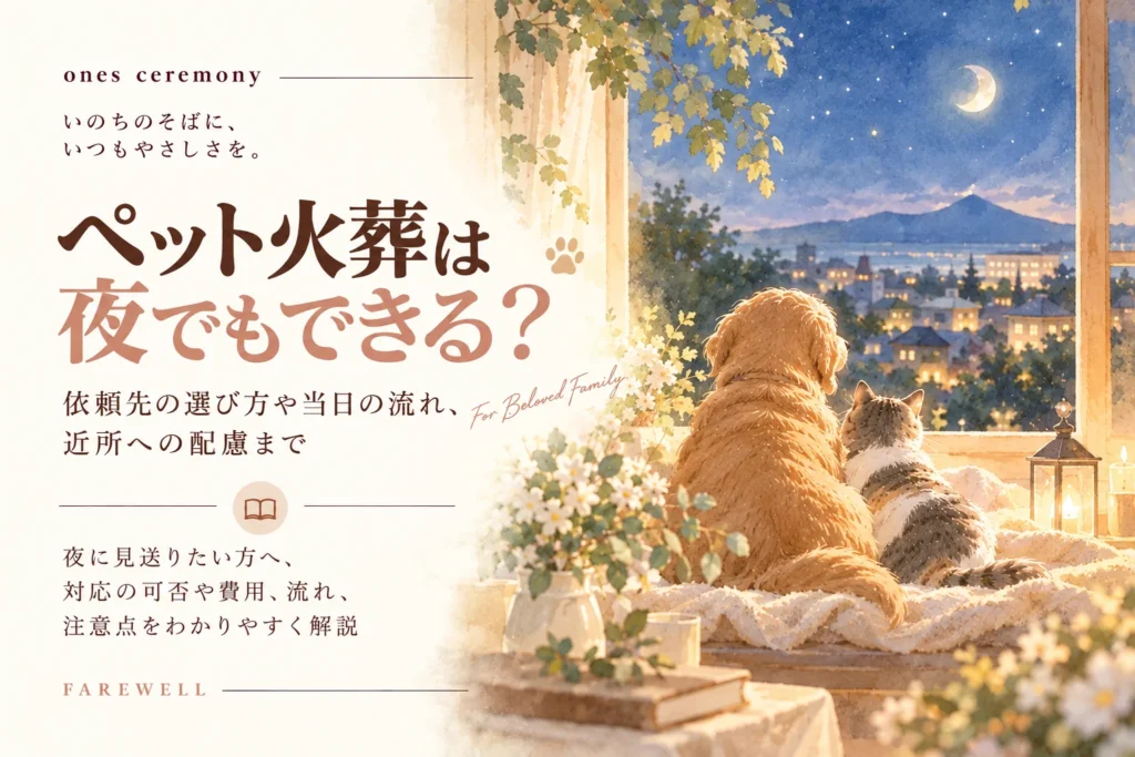 ペット火葬は夜でもできるかを解説する記事のアイキャッチ。三日月が浮かぶ夜空と明かりのともる街並みを背景に、茶色の犬と灰白猫が窓辺で寄り添っている。周囲には白い花や緑の葉、温かな光を放つランタンが置かれている。