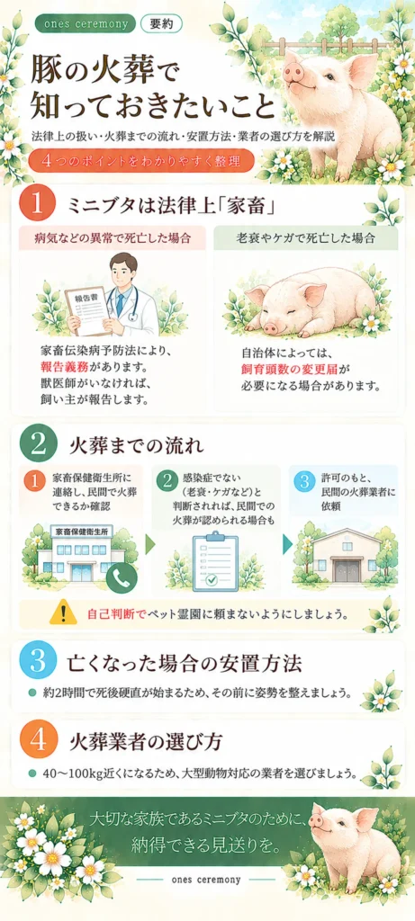 豚の火葬で知っておきたい法律上の扱い、火葬までの流れ、亡くなった場合の安置方法、火葬業者の選び方をまとめた図解