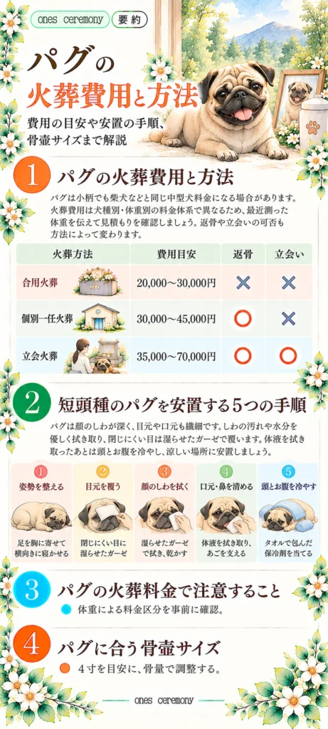 パグの火葬費用と方法をまとめた図解。合同火葬・個別一任火葬・立会火葬の費用と返骨・立会いの違い、短頭種特有の顔のケアを含む安置の5手順、骨壷サイズの目安を紹介。