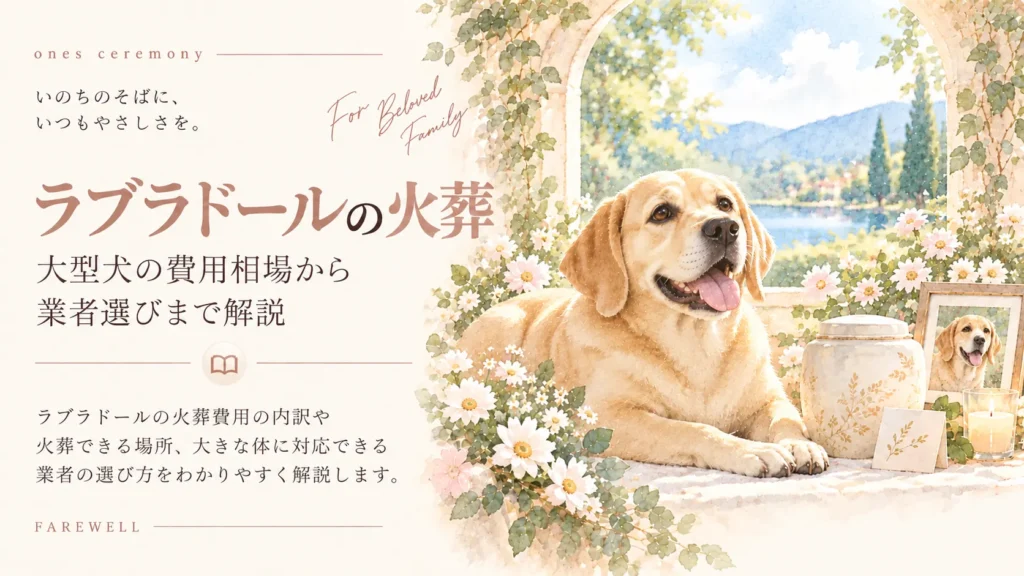 ラブラドールの火葬費用や大型犬に対応できる業者の選び方を紹介するアイキャッチ。柔らかな日差しが差し込むアーチ状の窓辺で、穏やかな表情のラブラドールが横たわり、そばには骨壷や写真立て、白い花、緑の葉、キャンドルが飾られている。