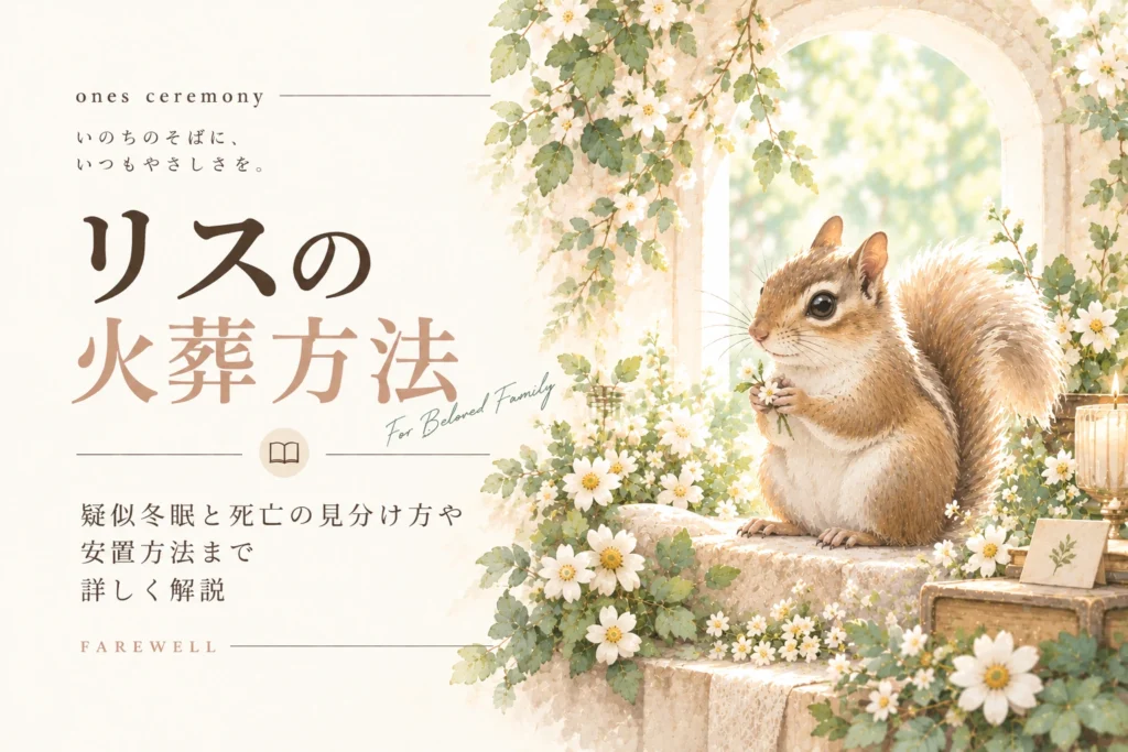 リス 火葬について伝える、白い花と柔らかな自然光に囲まれたリスと、疑似冬眠と死亡の見分け方や安置方法をまとめたアイキャッチ