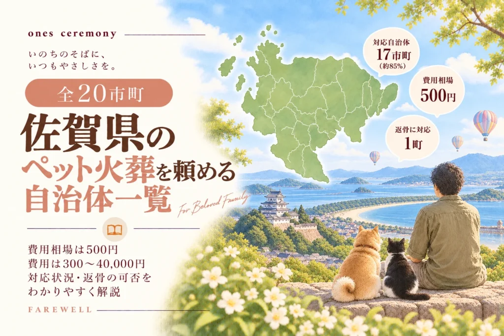 佐賀県のペット火葬が頼める自治体一覧。唐津城や虹の松原を思わせる海岸、空に浮かぶバルーンを背景に、男性と茶色の犬、黒白猫が並んで座る。佐賀県の地図と対応17市町、費用相場500円、返骨対応1町を掲載。