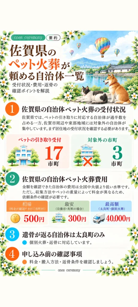 佐賀県の自治体ペット火葬をまとめた図解。受付17市町、対象外3市町。火葬費用の相場500円、最安300円、太良町の個別火葬最高40,000円、遺骨の返却条件と申し込み前の確認事項を紹介。
