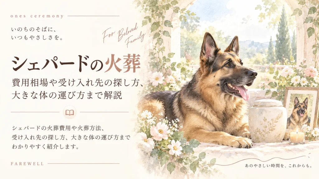 シェパードの火葬費用や大型犬に対応する業者の選び方、運び方を紹介するアイキャッチ。柔らかな光が差し込むアーチ状の窓辺で、穏やかにくつろぐジャーマン・シェパードのそばに骨壷や写真立て、白い花、キャンドルが並んでいる。