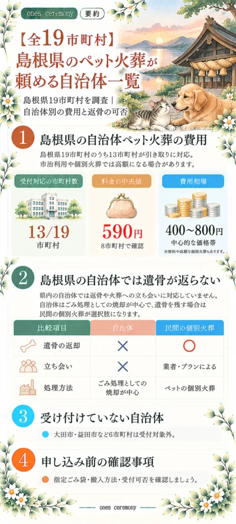 島根県19市町村のペット火葬について、受付対応13市町村、費用中央値590円、中心的な価格帯400〜800円、自治体と民間の返骨・立ち会いの違い、受付対象外の自治体をまとめた図解。