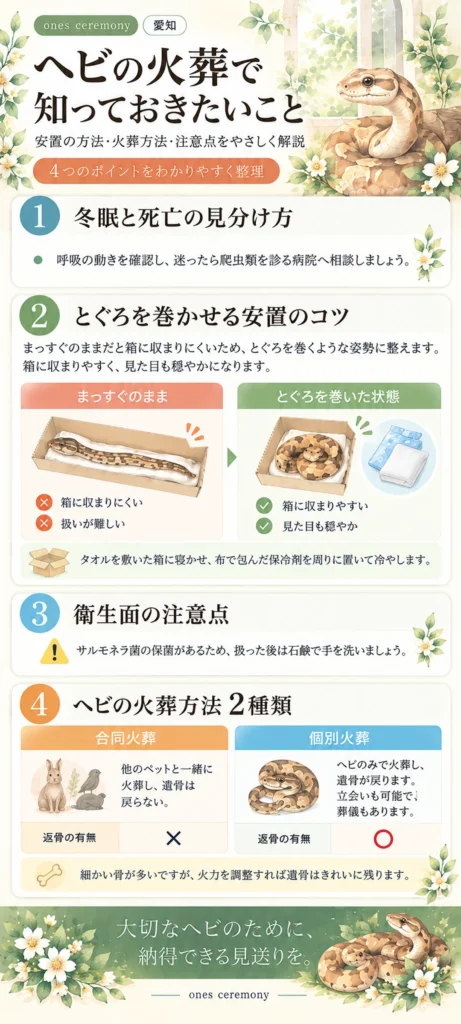 ヘビの火葬で知っておきたい冬眠と死亡の見分け方、とぐろを巻かせる安置のコツ、衛生面の注意点、火葬方法2種類をまとめた図解