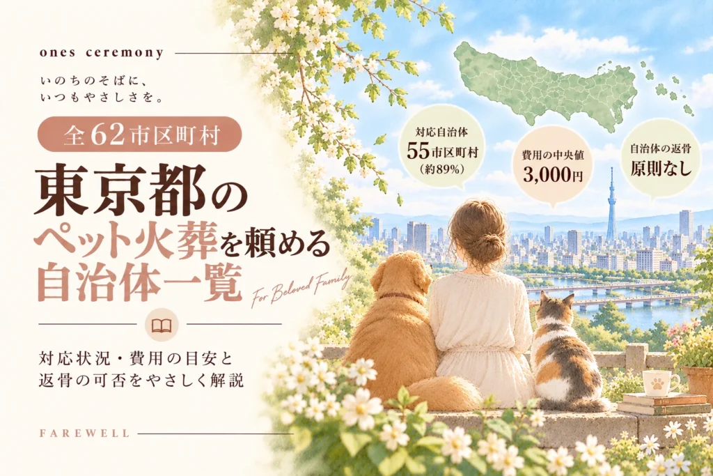 東京都のペット火葬に対応する自治体一覧を紹介。東京の街並みとスカイツリーを背景に、犬と猫に寄り添う女性、東京都の地図、受付55市区町村・費用中央値3,000円・返骨の有無を描いたデザイン。