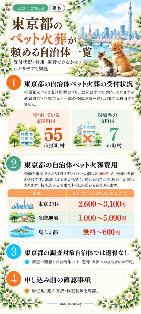 東京都の自治体ペット火葬の受付状況と費用をまとめた図解。受付55市区町村、対象外7市町村。地域別の火葬料金、調査対象自治体での返骨不可、申し込み前の確認事項を掲載。