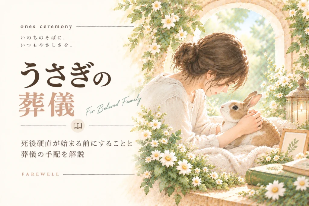 うさぎ 葬儀について伝える、白い花と柔らかな自然光に囲まれたうさぎと女性を描き、死後硬直前にすることや葬儀の手配をまとめたアイキャッチ